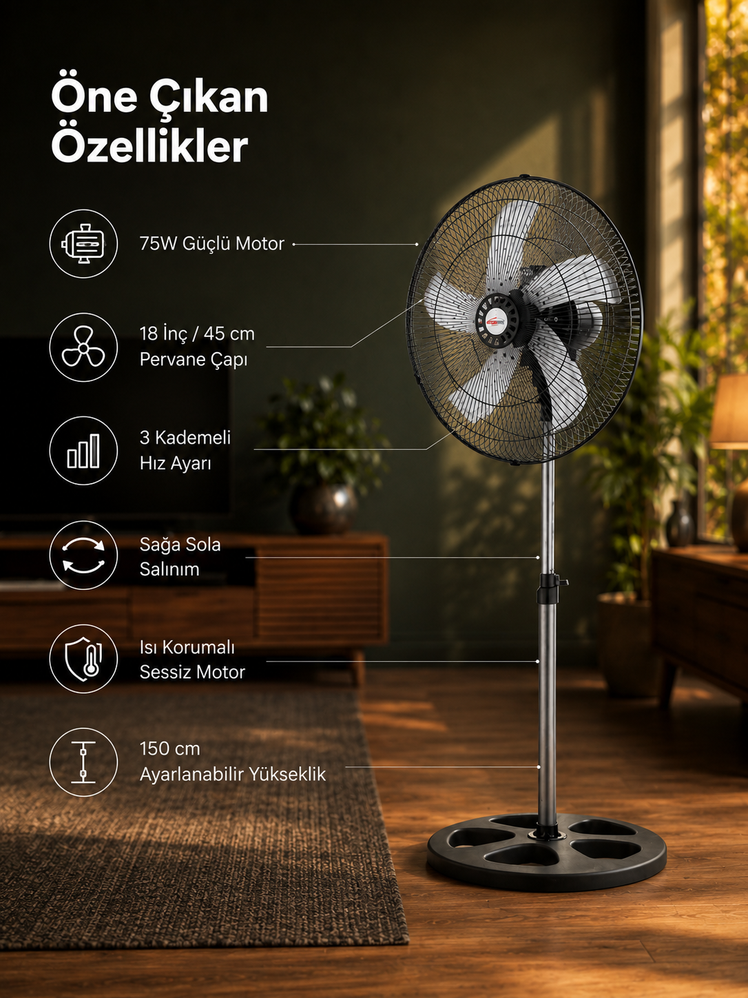 Microstar 18" 45cm Ayaklı Vantilatör 75W 3 Kademeli Salınımlı 5 Kanat Alüminyum Pervane - MSR-2618