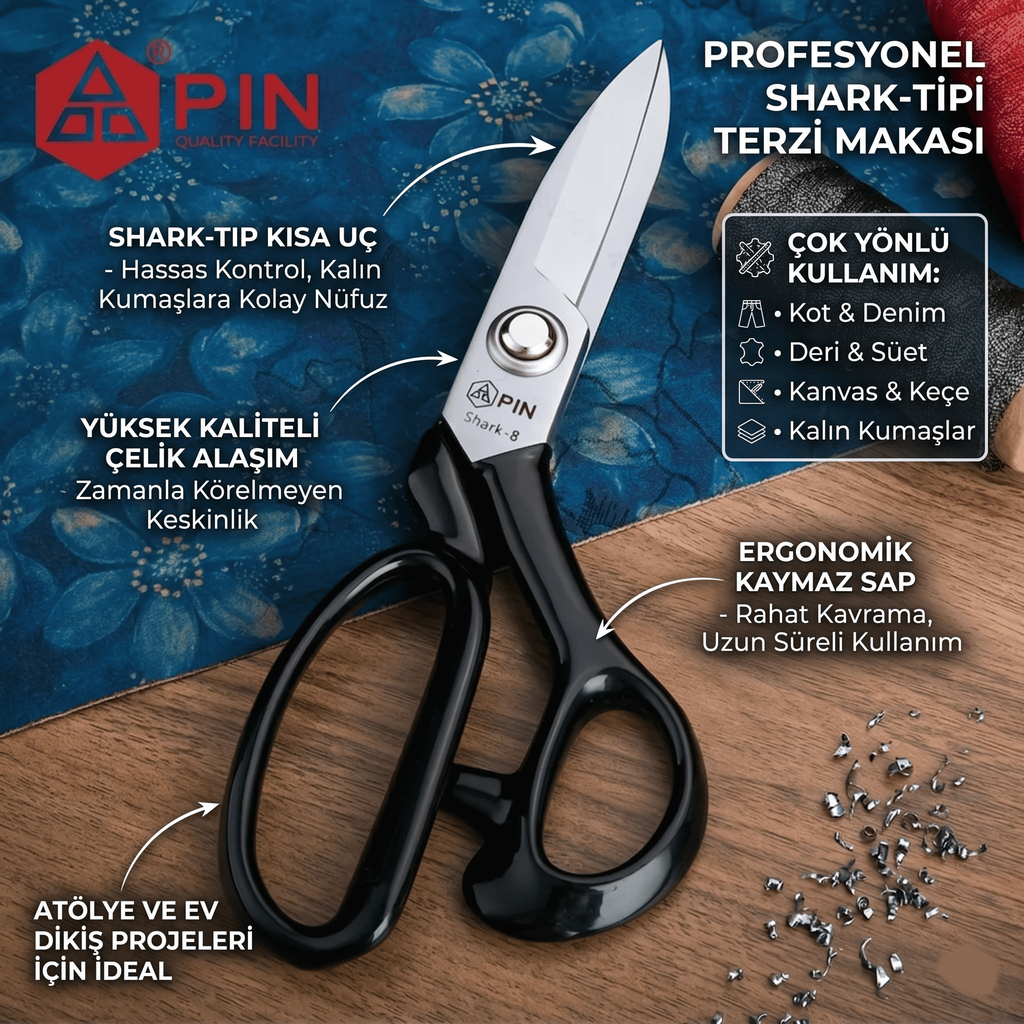 Pin Profesyonel Shark Tipi Kumaş Makası - Deri, Kot, Keçe Kesimi İçin Kısa Uçlu Terzi Makası