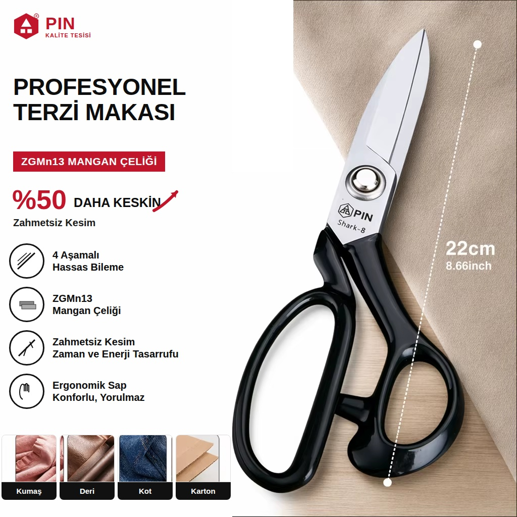 Pin Profesyonel Shark Tipi Kumaş Makası - Deri, Kot, Keçe Kesimi İçin Kısa Uçlu Terzi Makası