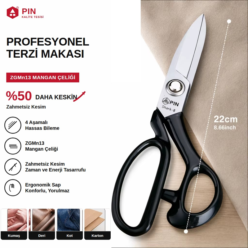 Pin Profesyonel Shark Tipi Kumaş Makası - Deri, Kot, Keçe Kesimi İçin Kısa Uçlu Terzi Makası